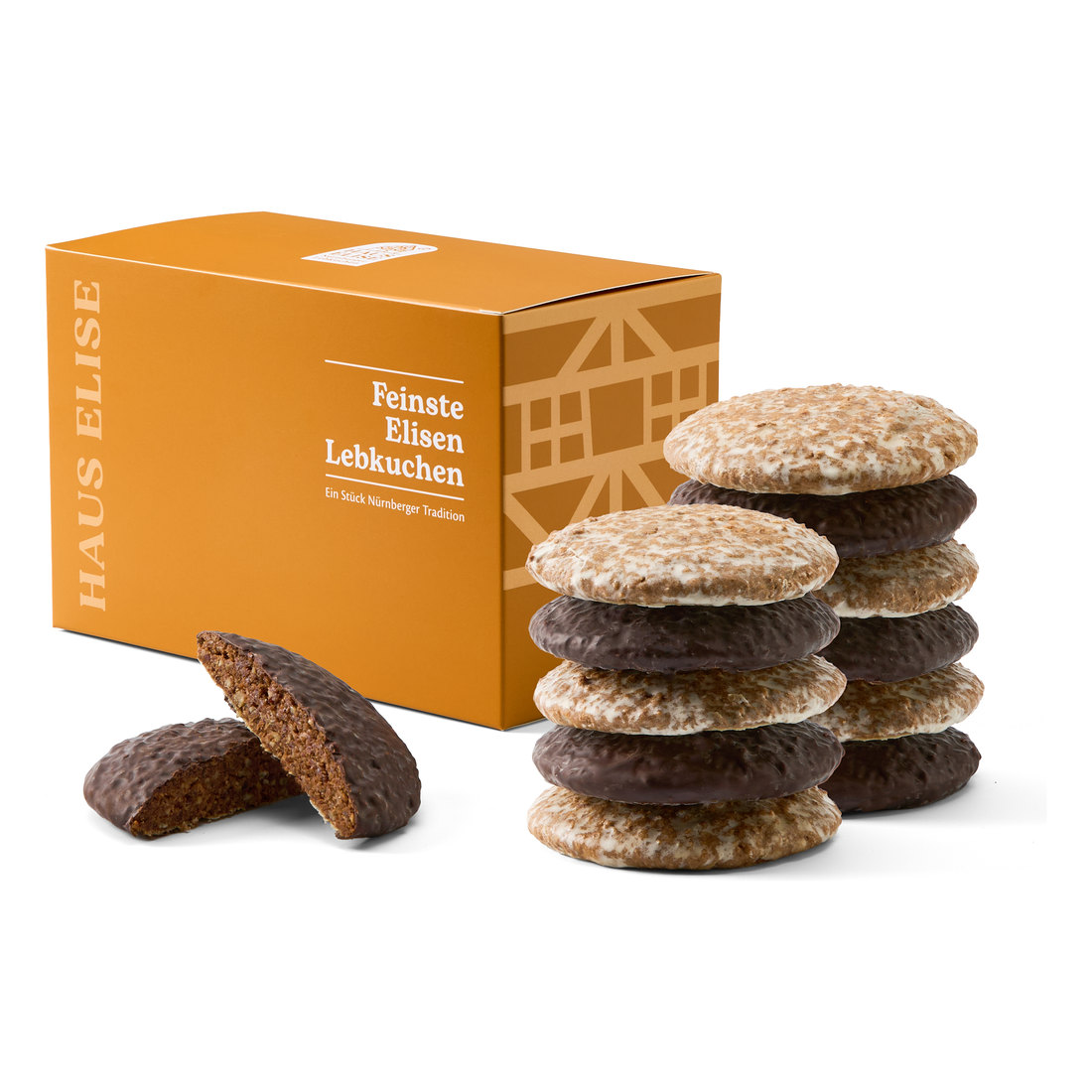 HAUS ELISE Elisen-Lebkuchen 12er Box mit Fachwerk-Motiv, daneben gemischte Lebkuchen