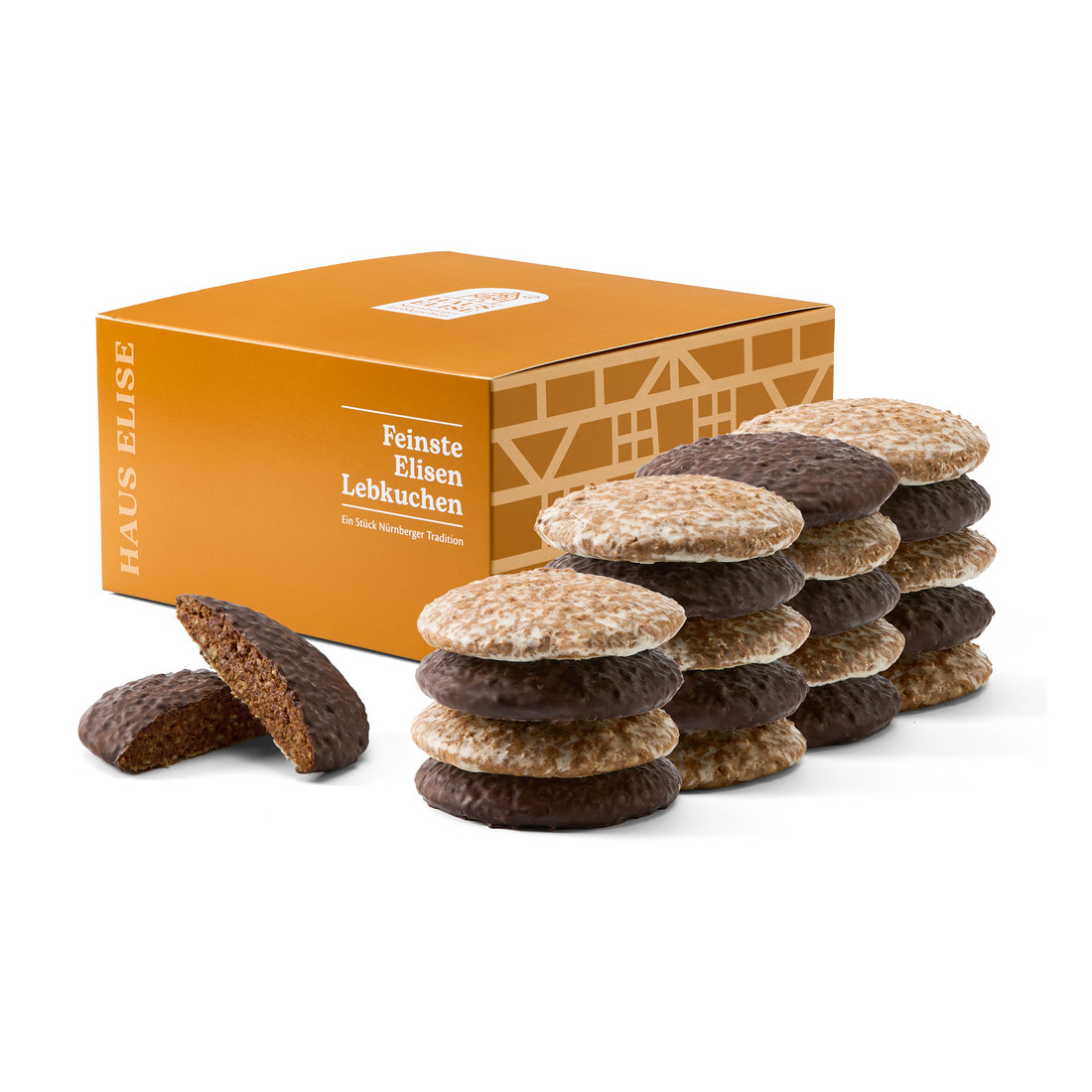 HAUS ELISE Elisen-Lebkuchen 20er Box mit Fachwerk-Motiv, daneben gemischte Lebkuchen