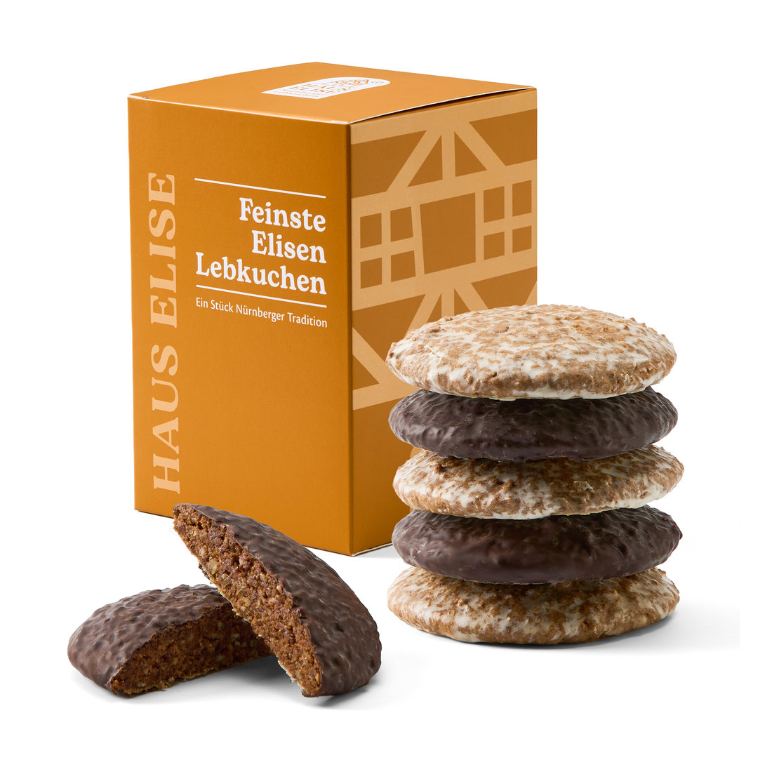 HAUS ELISE Elisen-Lebkuchen 6er Box mit Fachwerk-Motiv, daneben gemischte Lebkuchen